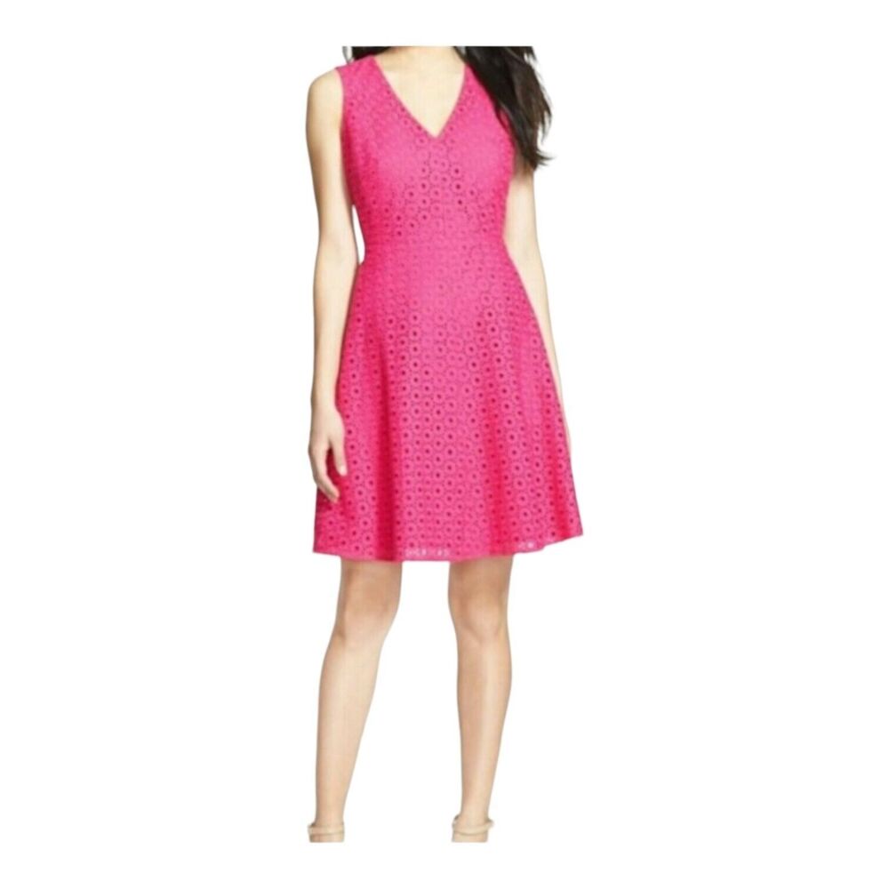 HALOGEN Embroidered Eyelet Fit Flare Dress 2 XS Pink Dot Fuchsia Spring Brunch